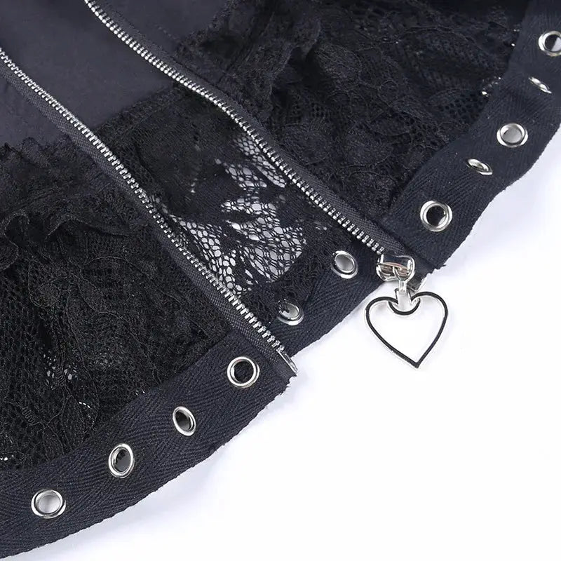 Gothic Skater Punk High-Waist Skirt, black lace, front zipper, heart charm, Simples Market