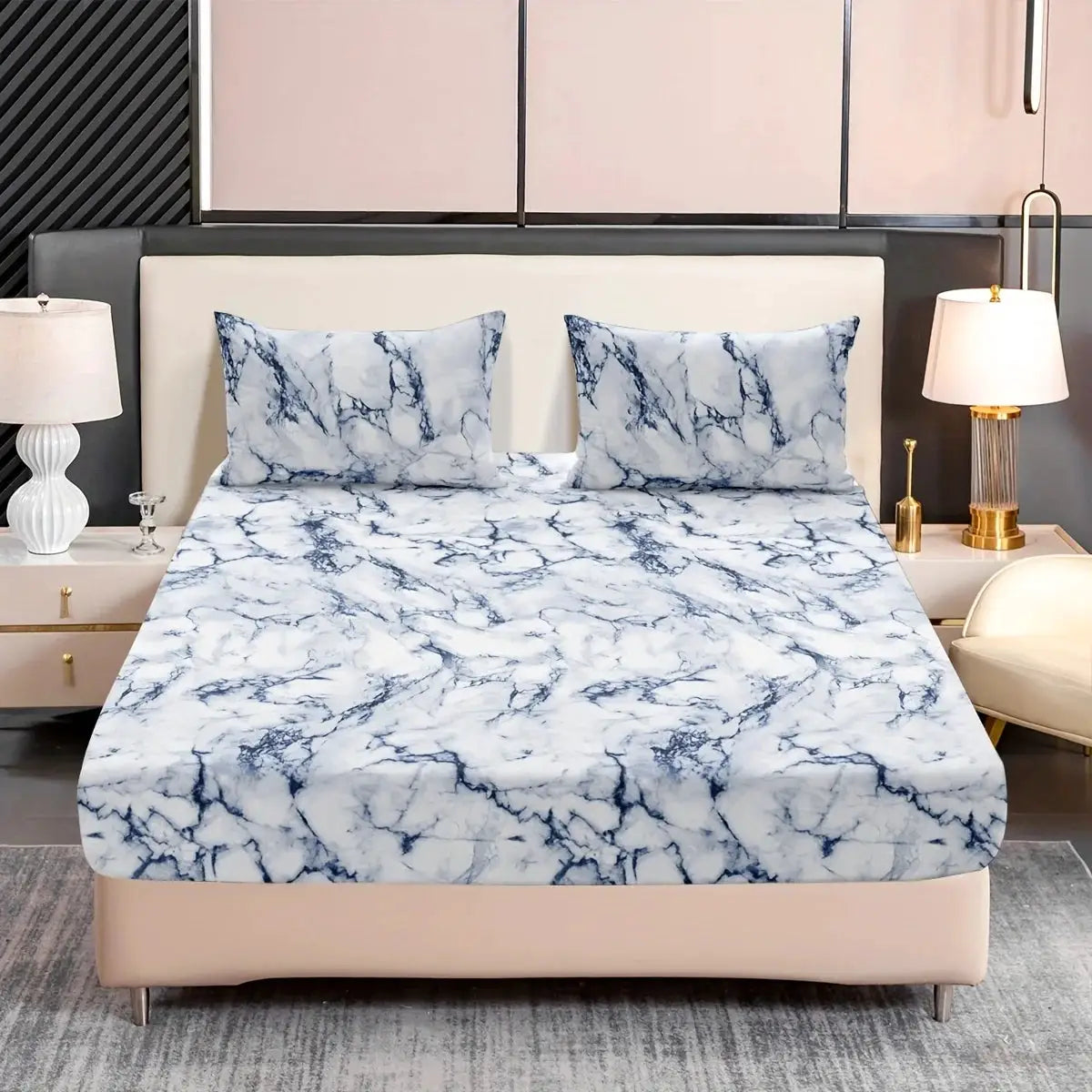 3-Piece Marble Print Fitted Sheet Set by Simples Market, blue/white marble pattern, ultra-soft microfiber.
