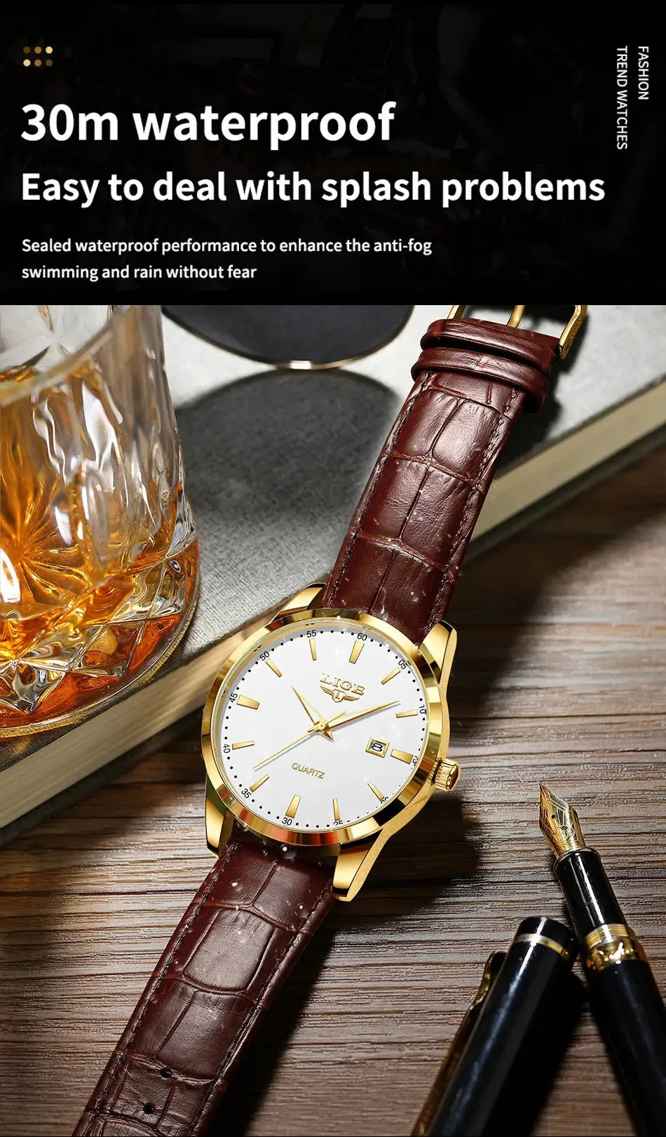 LIGE men's wristwatch with brown leather strap, gold-tone case, white dial and date window