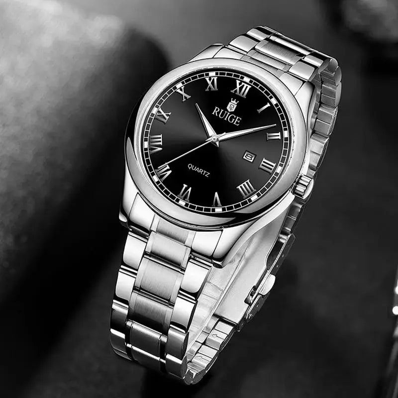 Ruige Mens Watch Minimalist Roman Dial Night Glow Water Resistant Stainless Steel Band
