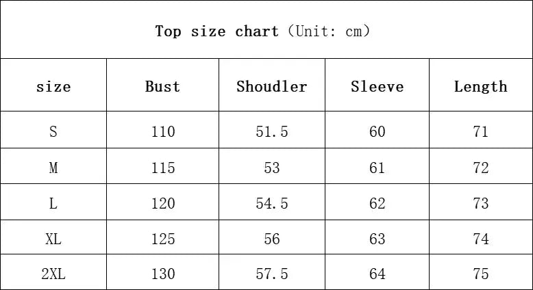 Simples Market Irregular Design Buckle Lapel shirt size chart with bust, shoulder, sleeve, length measurements