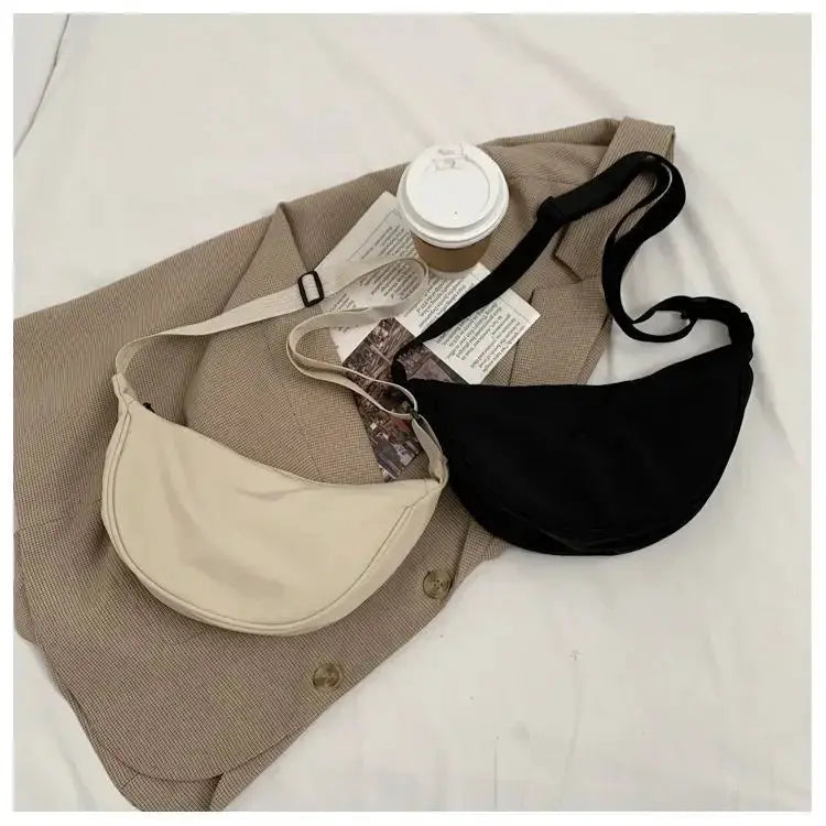 Simples Market nylon dumpling bags set: two lightweight crossbody armpit/shoulder bags in beige and black