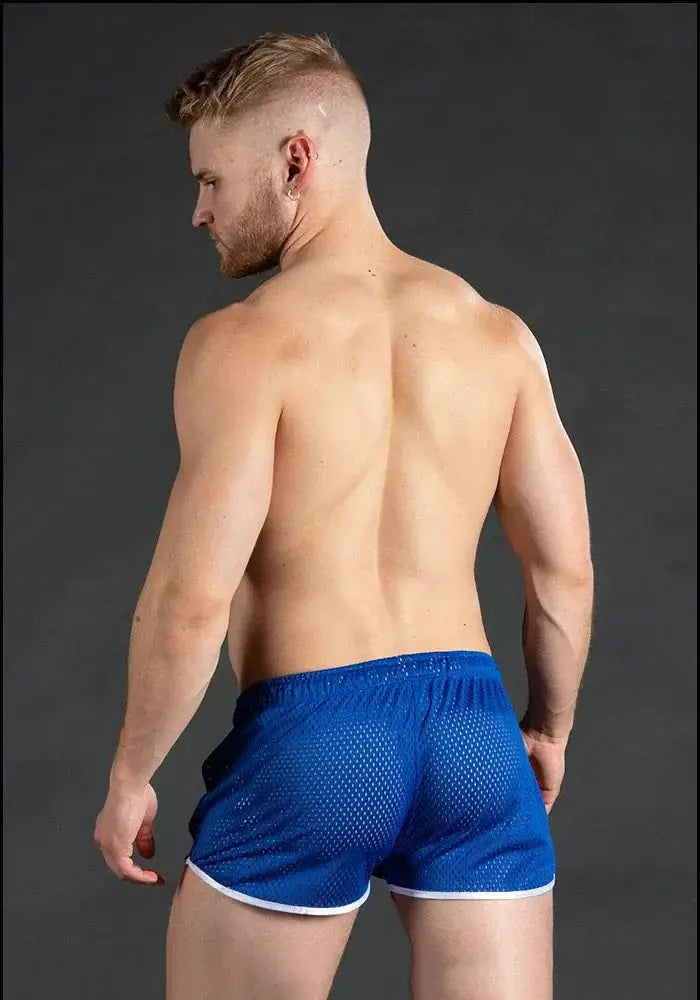 Men's blue mesh gym shorts with white trim; quick-dry, breathable running shorts.