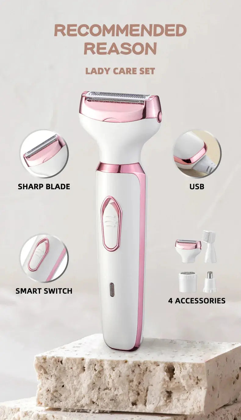 HOMEFISH 4-in-1 electric lady shaver by Simples Market, pink cordless body hair remover with USB and 4 accessories.