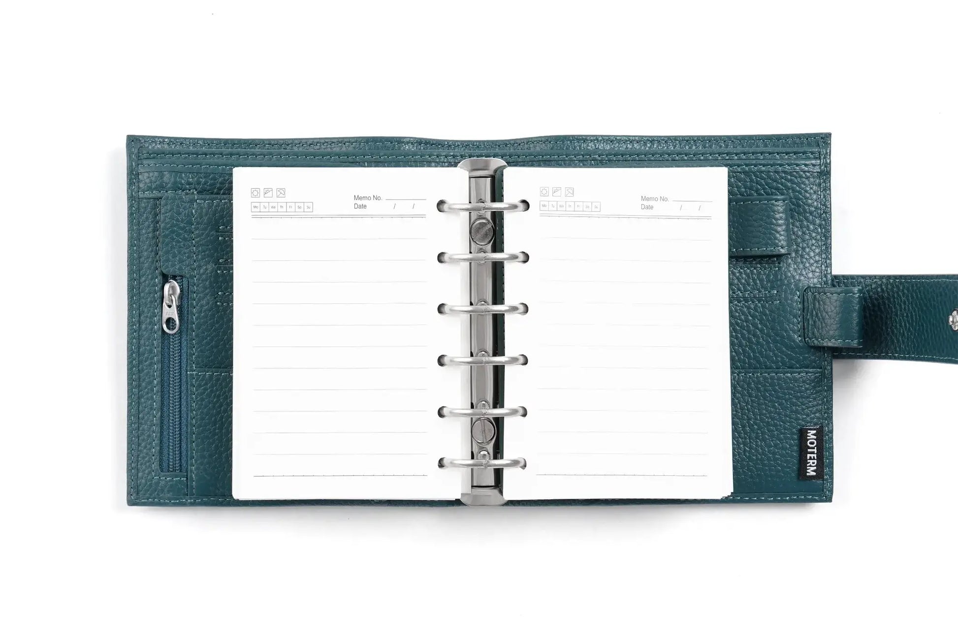 Moterm Luxe 2.0 pocket planner in teal pebbled leather, A7 with 30mm rings
