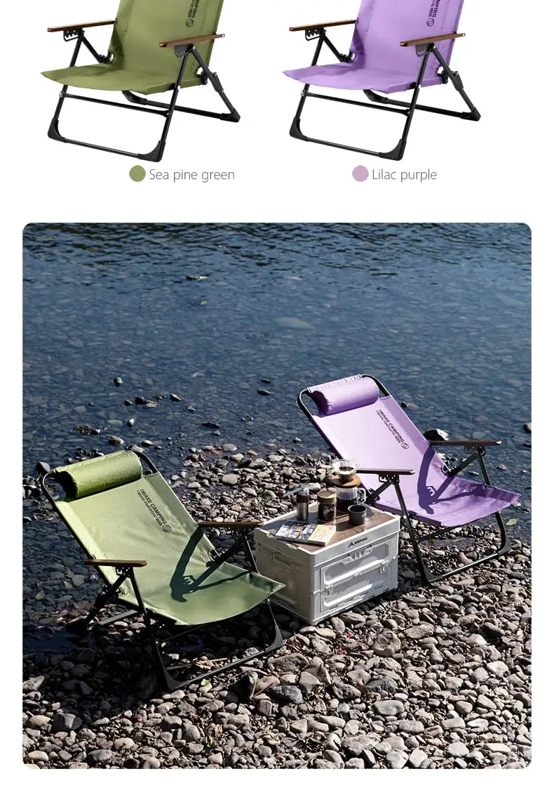 BISINNA camping folding chair pair by Simples Market in sea pine green and lilac purple with detachable pillows on a rocky beach