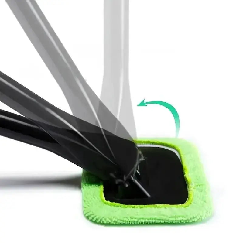 Windshield cleaning tool with long handle and neon-green microfiber pad