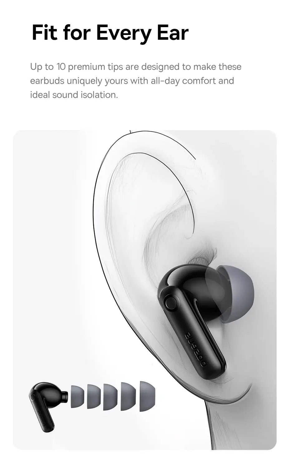 Baseus Bass BP1 Pro wireless earbuds; black finish with silicone ear tips shown in six sizes.