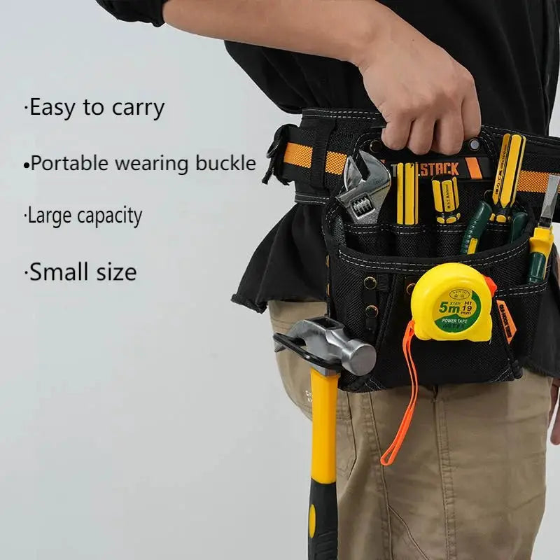 TOOLSTACK mini utility toolkit waist pouch in black Oxford fabric with orange accents and tool slots.