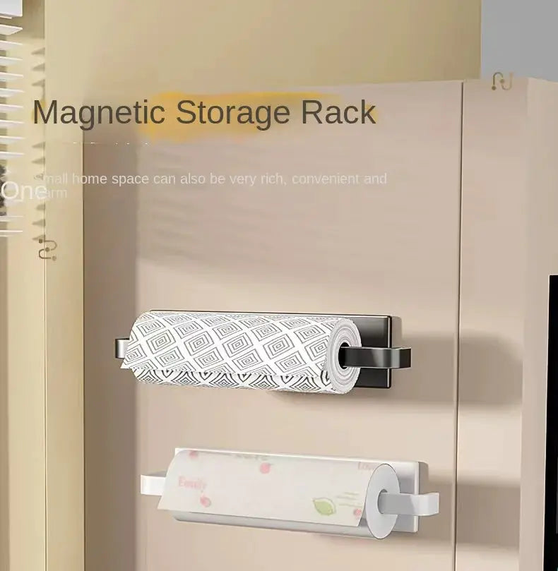 Magnetic paper towel holder set mounted on a cabinet; Simples Market, two holders (black top, white bottom)