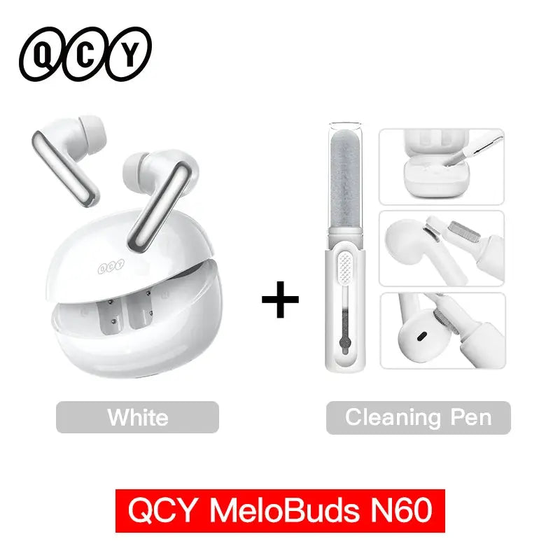 QCY MeloBuds N60 wireless earphones with white charging case and cleaning pen (2 items)