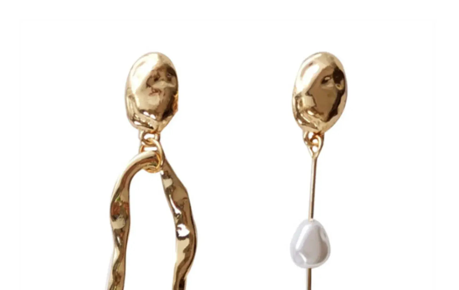 Gold-tone irregular earrings set, pair with pearl drop, long sculptural studs for women by Simples Market