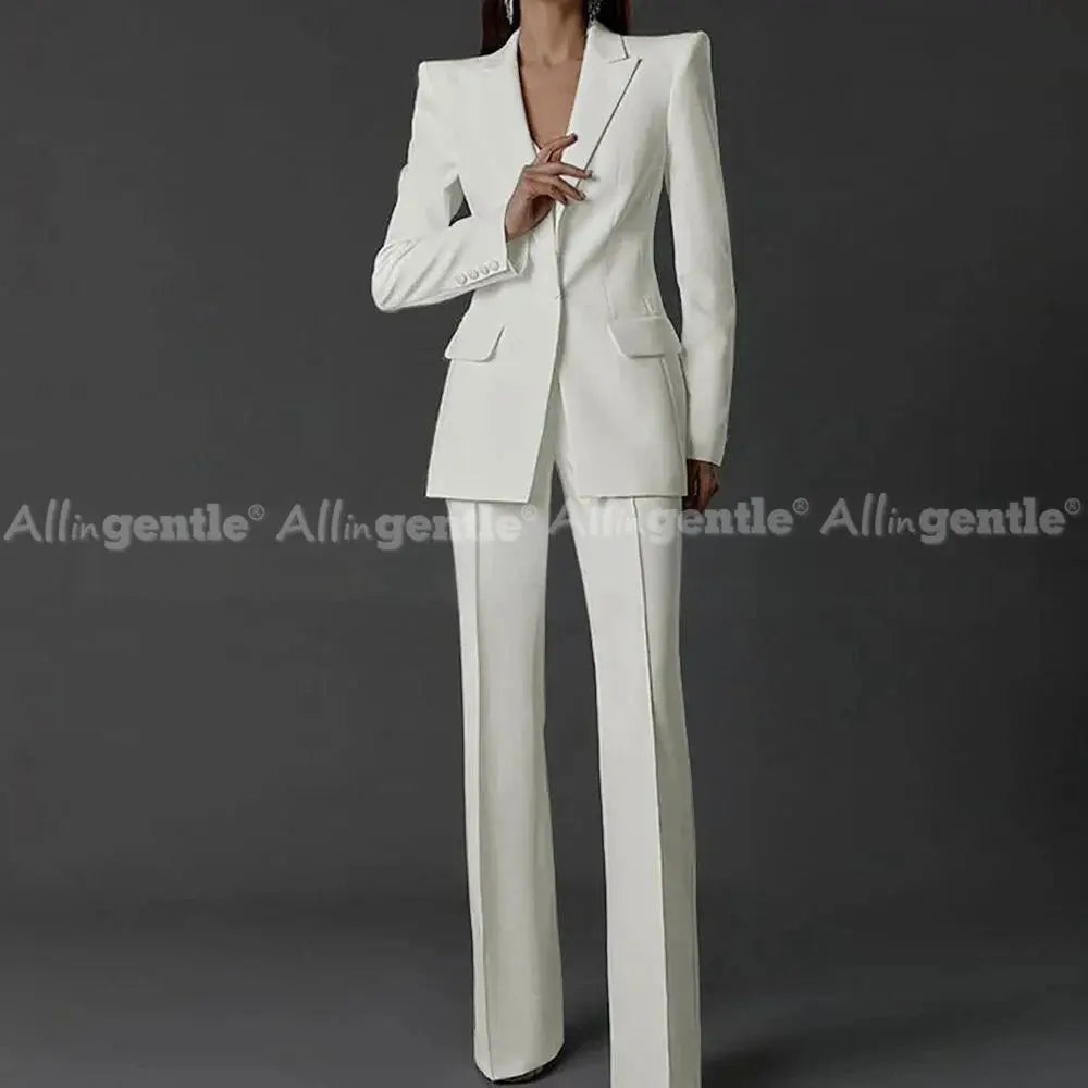 Allingentle white women's two-piece pants suit with a single-button blazer and wide-leg trousers.