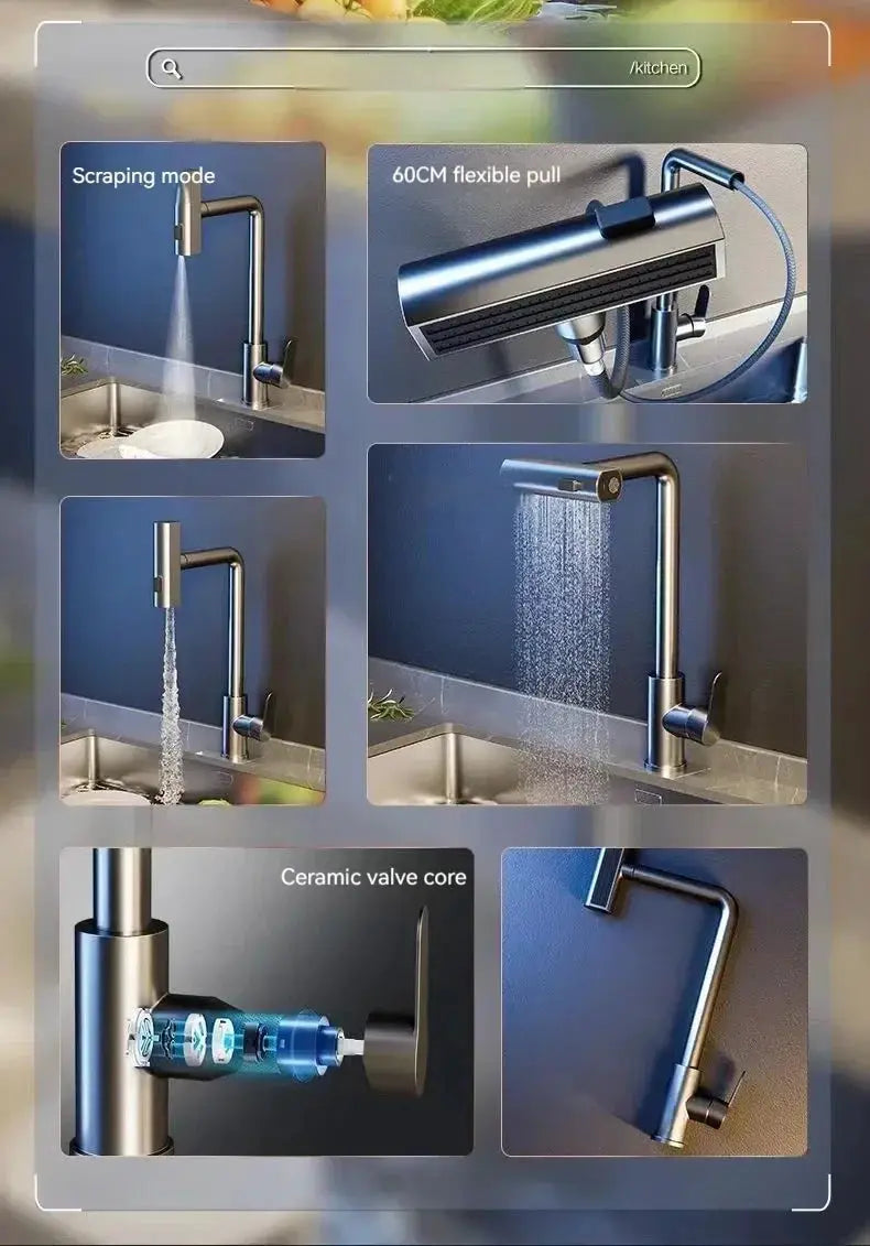 Pull-out kitchen faucet by Simples Market, grey-silver with flexible hose, deck-mounted hot/cold mixer with shower mode.