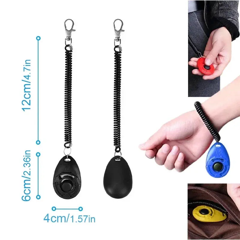 Two adjustable dog training clickers by Simples Market, black with coiled wrist straps and keychains