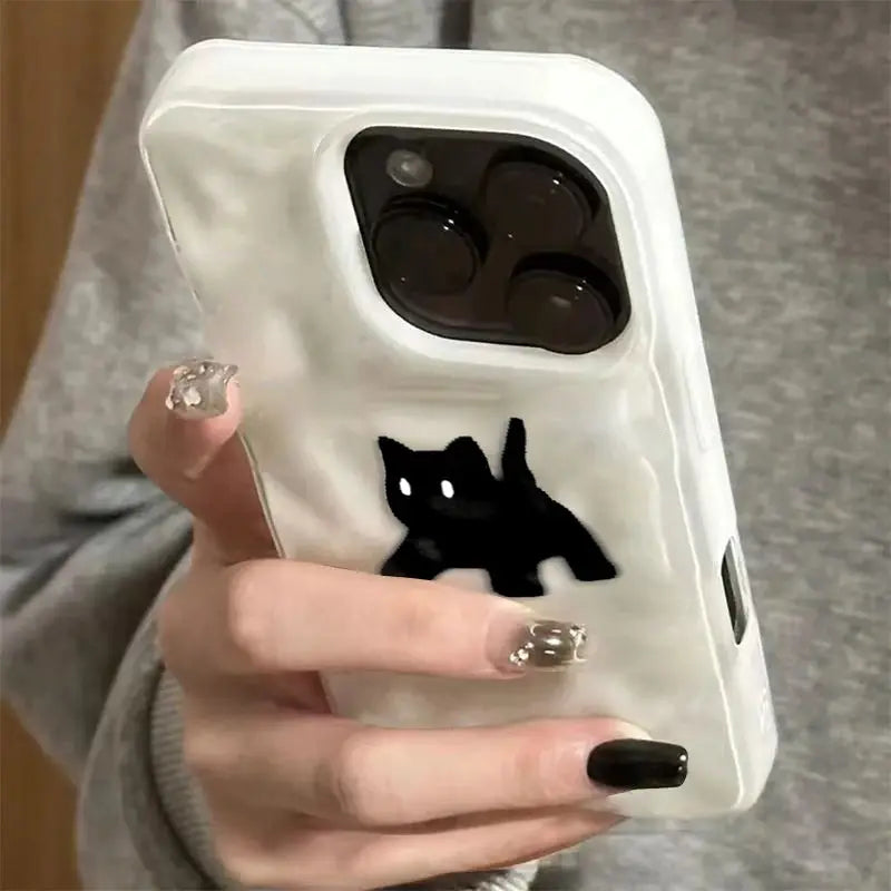 Phone case for iPhone with white translucent back and black cat graphic; shockproof cover