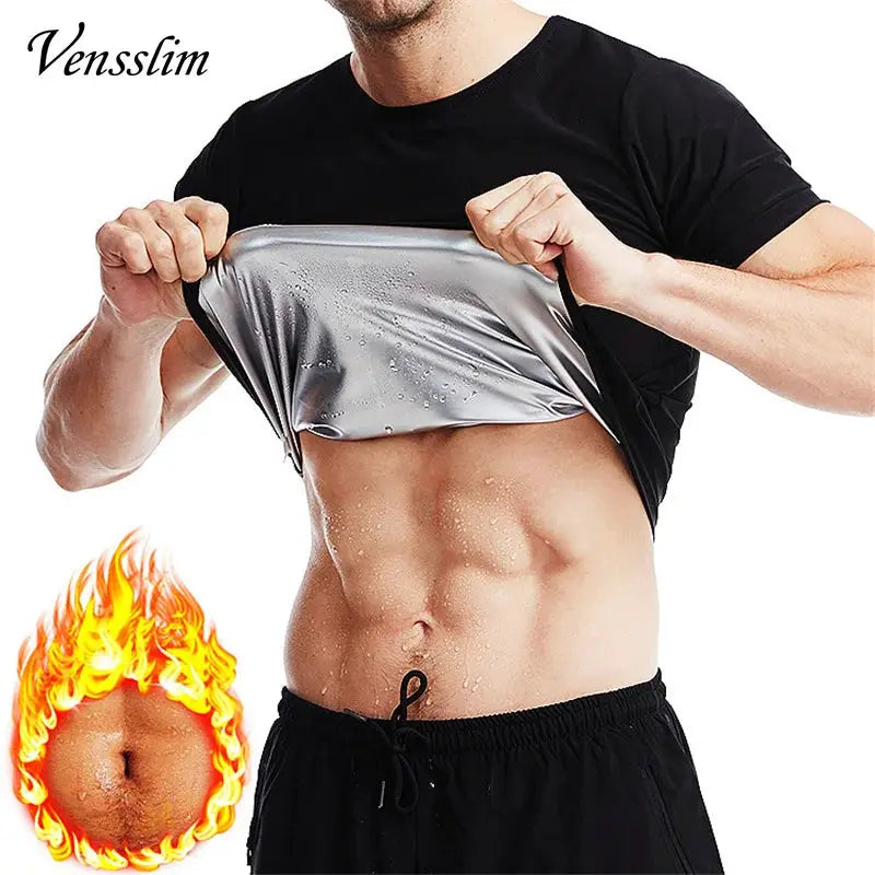 Vensslim men’s sauna vest with silver heat-trapping lining, black waist trainer tank top