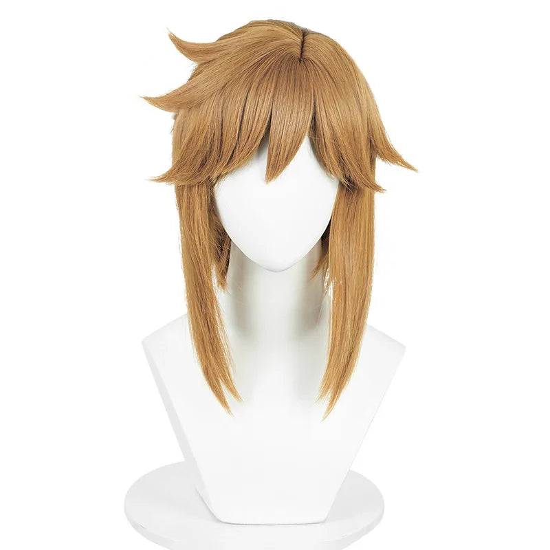 Link Cosplay blonde-brown heat-resistant synthetic wig with long layered bangs on a mannequin head