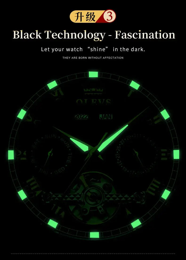 OLEVS skeleton mechanical wristwatch with stainless steel case, dual calendar, and green luminous hands