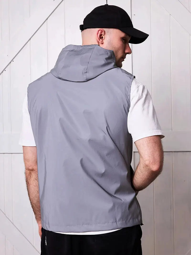 Night reflective vest for men; light gray, thin hooded sleeveless outerwear for outdoor running