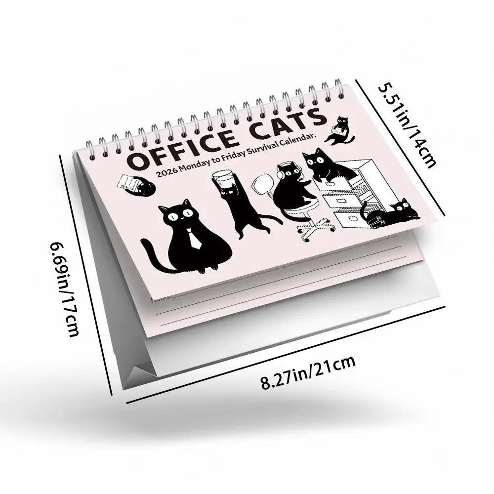 Office Cats desktop calendar by Simples Market, pink cover with black cat illustrations, spiral-bound 12-month planner.