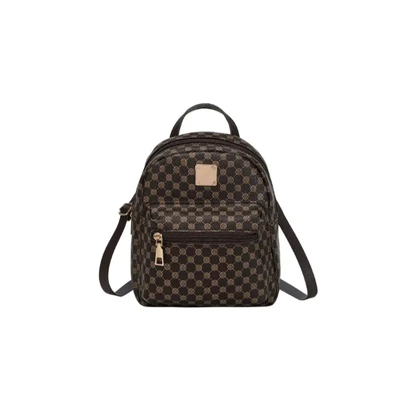 Backpack by Simples Market, brown monogram-patterned women’s bag with front zip pocket