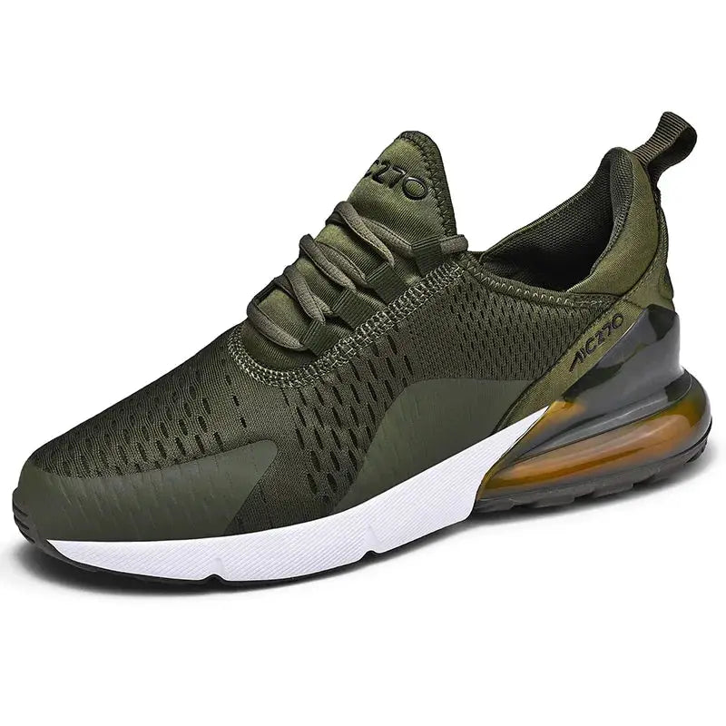 Olive green men's running sneakers with breathable mesh, white midsole, and amber heel air cushion