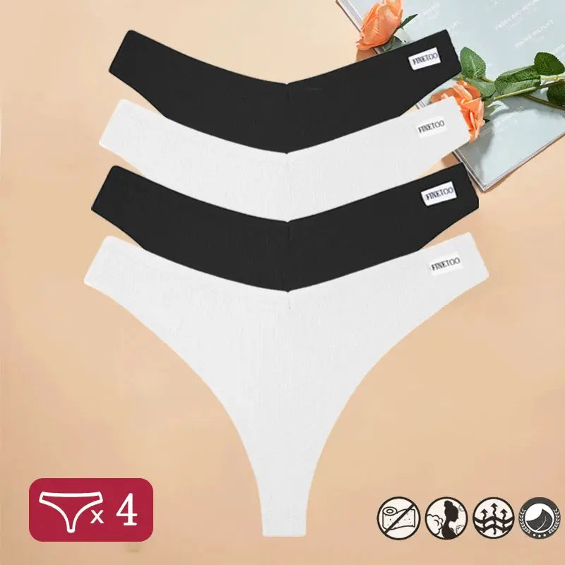 4-pc cotton waffle thong underwear set by Simples Market, black and white, V-waist, sizes S-XL