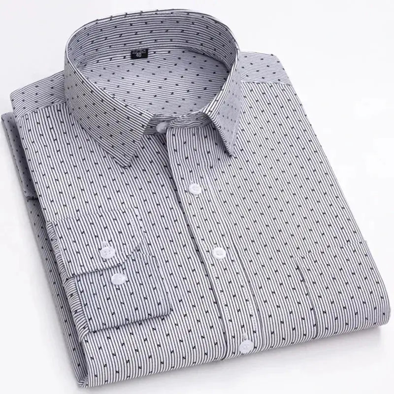 Men's long sleeve shirt with white base and narrow navy stripes, folded dress shirt for office.