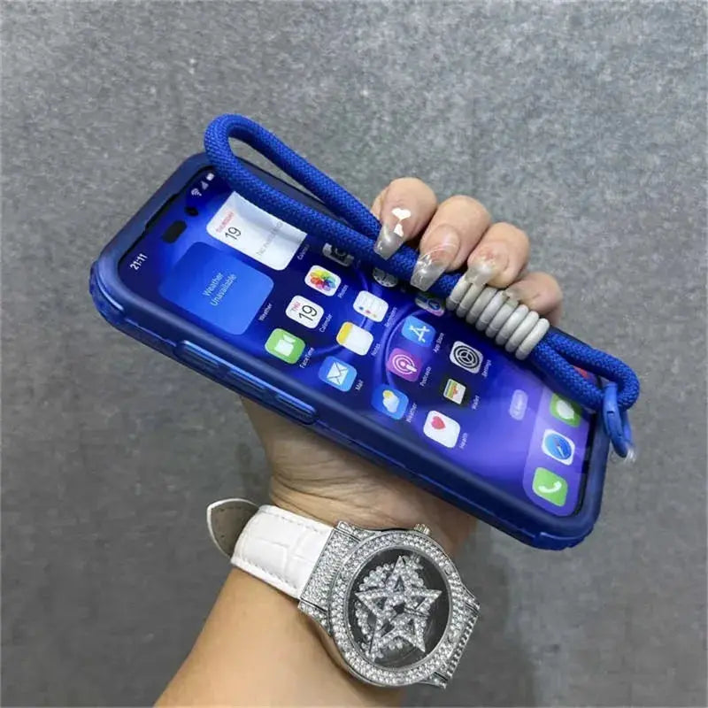 Luxury Armour Matte MagSafe iPhone case in blue with a matching blue wrist strap lanyard by Simples Market