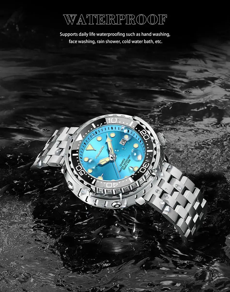 Men's FOXBOXE quartz watch with blue dial and stainless steel bracelet