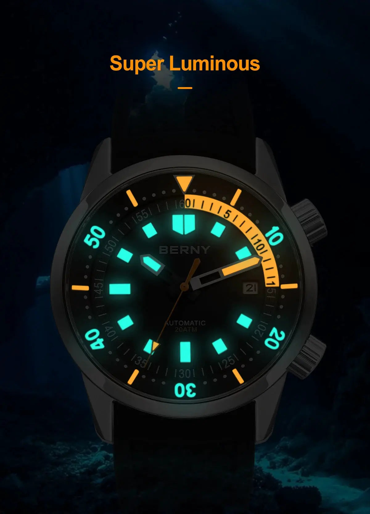 BERNY men's dive watch, 42mm, sapphire crystal, luminous teal dial with orange bezel, 200M water resistant