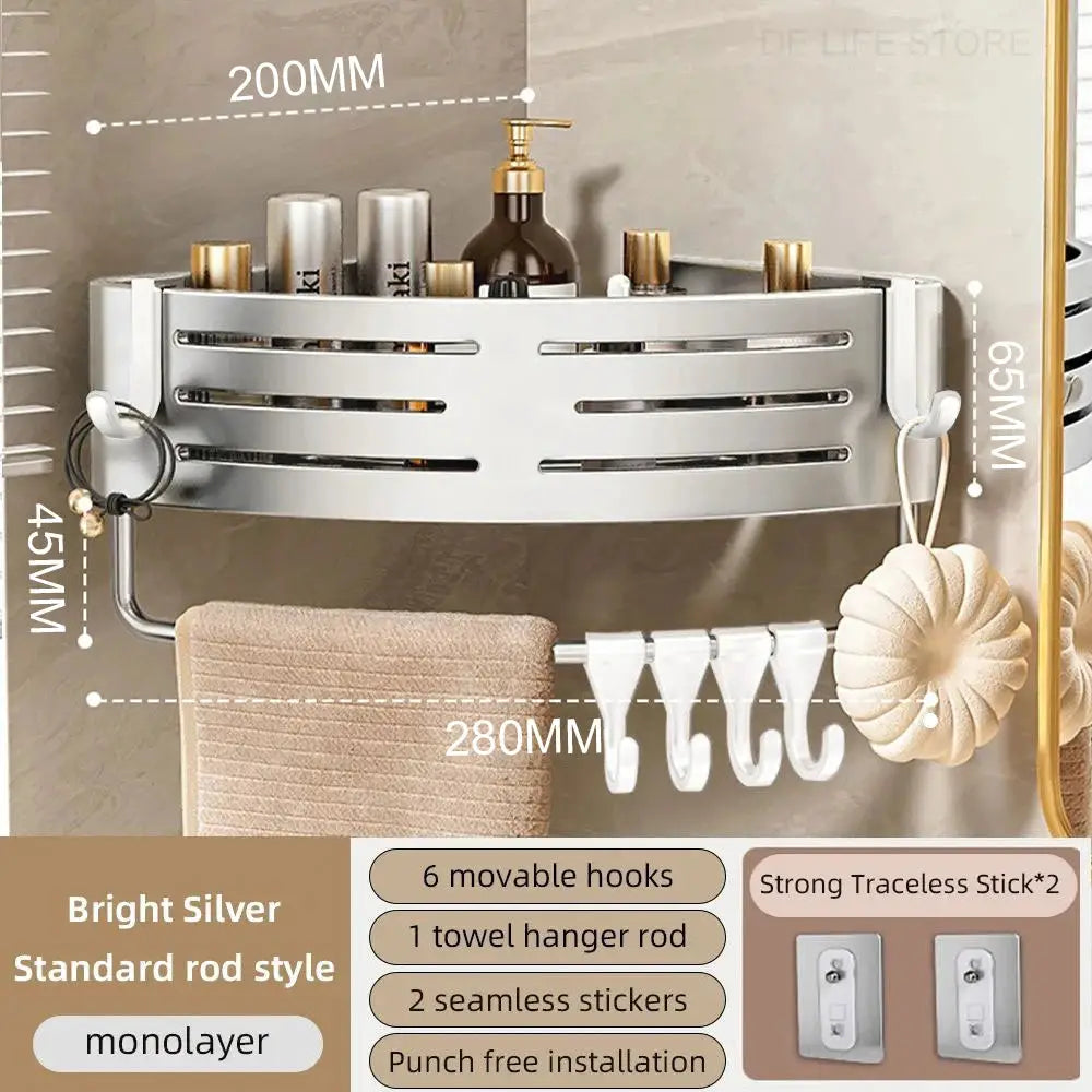 Simples Market 1–2pcs bright silver bathroom corner shelf with plastic hook towel bar and aluminum no-drill shower organizer