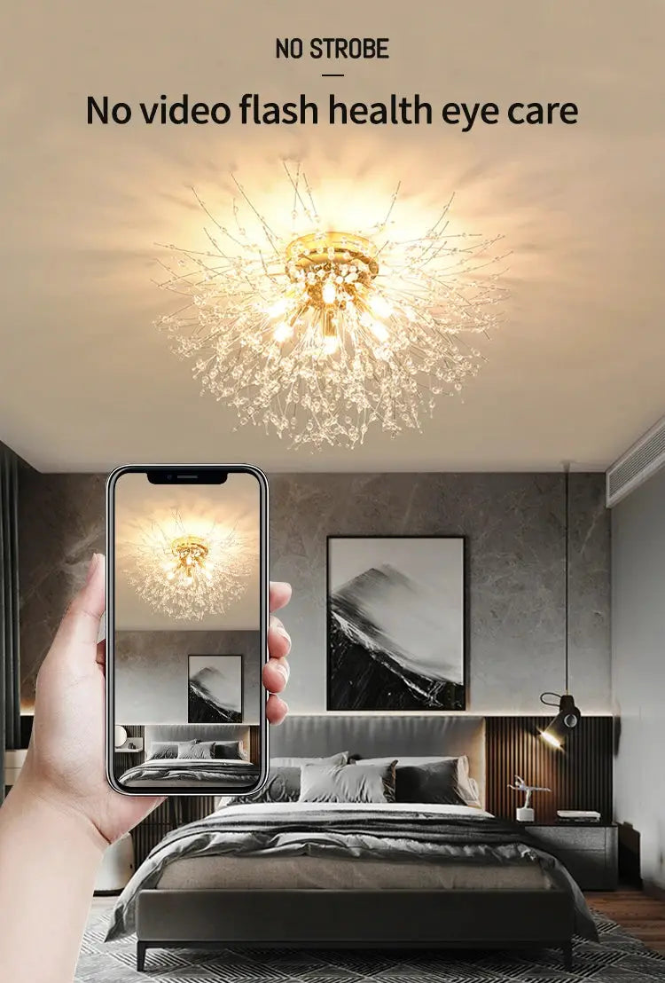 Crystal LED ceiling lamp with 3-color light-changing, modern living room chandelier