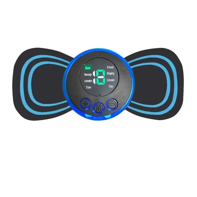 EMS neck massager with blue-ring control, dual wing pads, compact black hub with digital display and 8 modes, 19 levels.