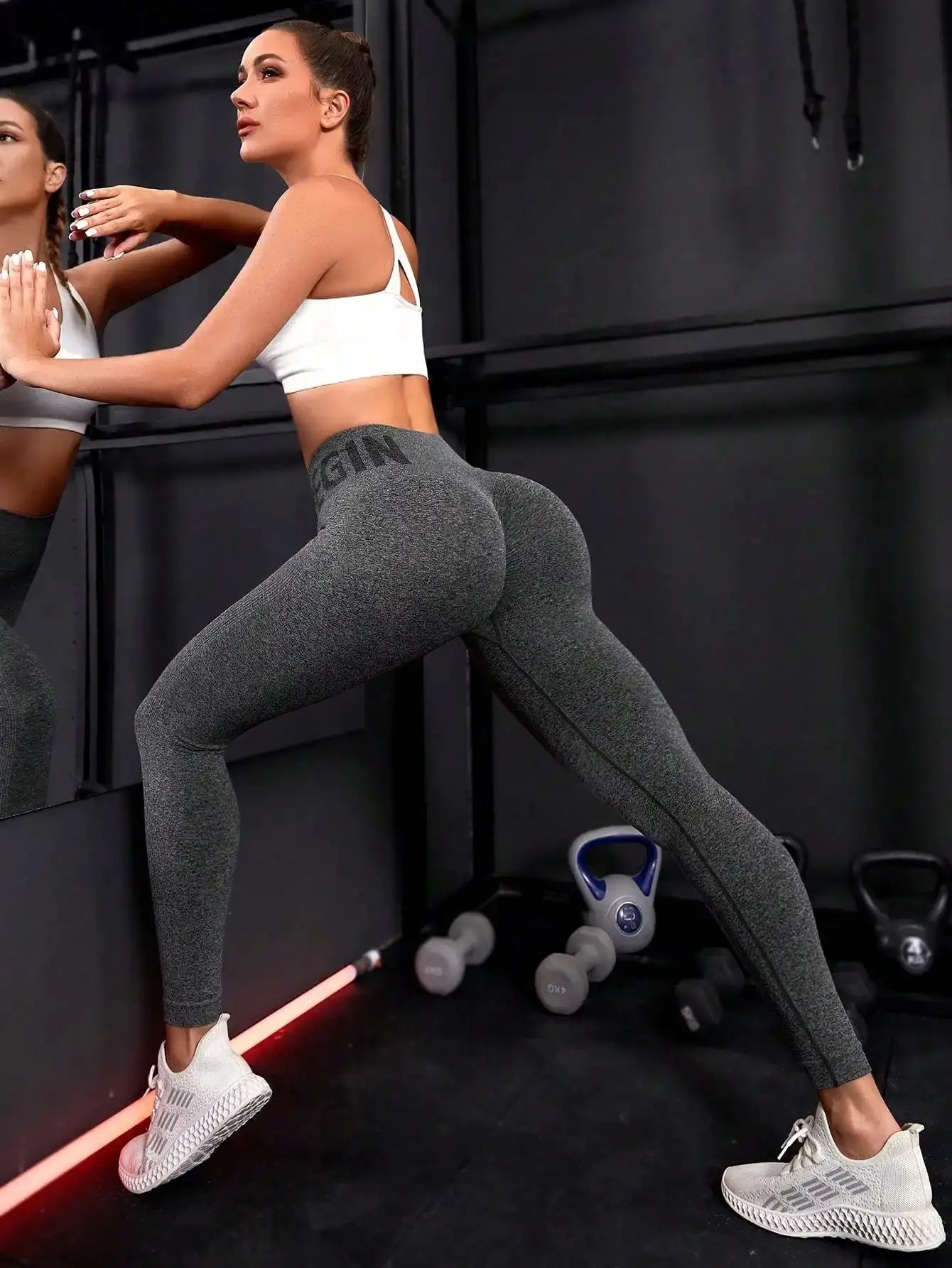 Seamless peach yoga pants; high-waisted, hip-lifting leggings worn by two models