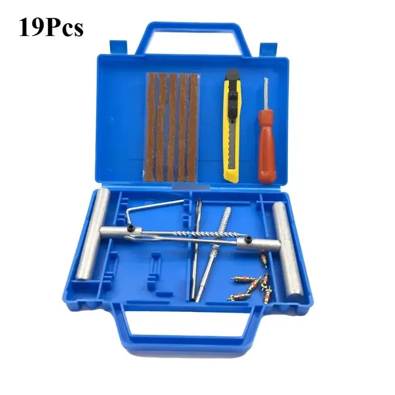Car tire repair kit in blue plastic case with puncture plugs and tools (19Pcs) Simples Market