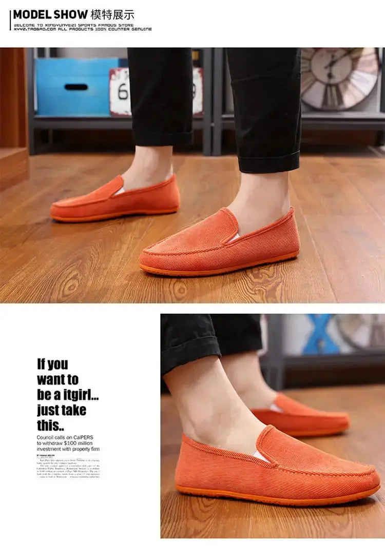 Men's orange fabric loafers slip-on driving shoes, two pairs shown on a wooden floor