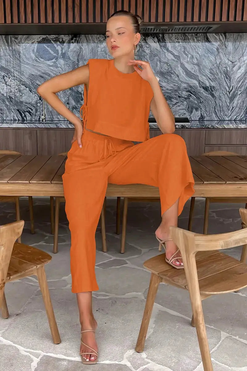 Linen Two Piece Pant Set With Crop Top For Women Spring Summer 2025