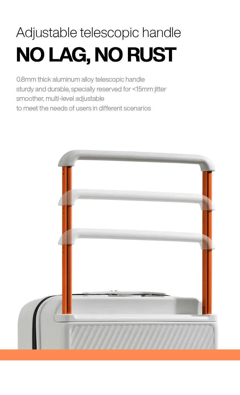 Simples Market Mixi wide-handle travel luggage suitcase with orange telescopic handle and white hardside PC shell