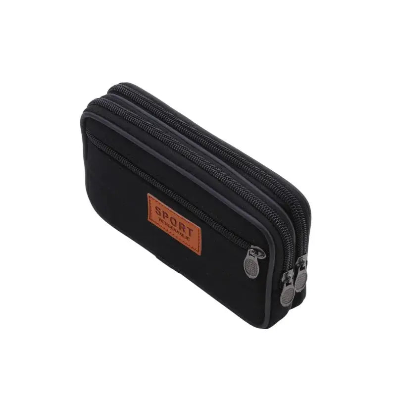 Men's waist pack bum bag in black nylon with double-zip compartments and orange Sport patch