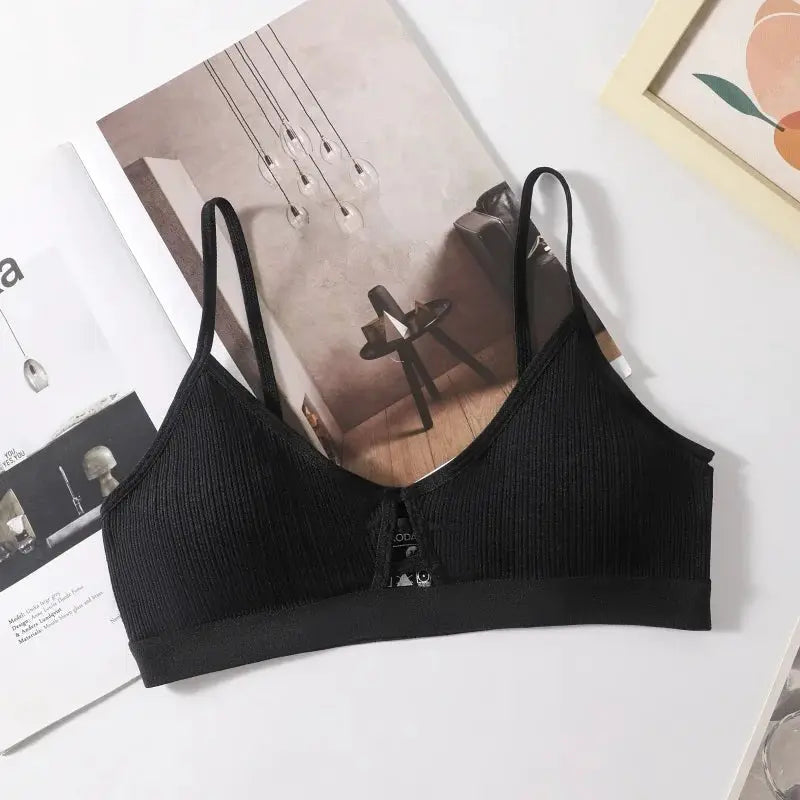 Women's black ribbed wireless bralette with thin straps for daily wear