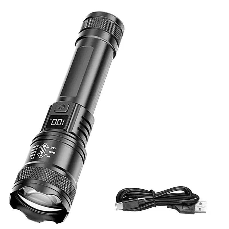 Rechargeable LED flashlight by Simples Market with LCD display, black body, USB cable included