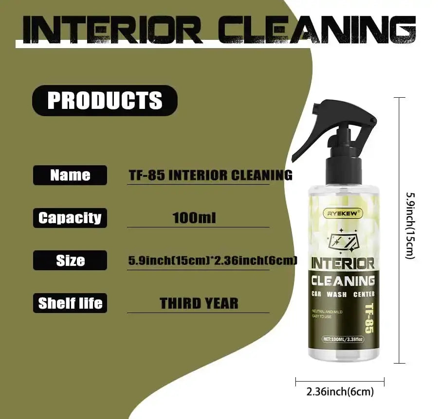 Ryekew interior cleaner spray bottle, 100ml, clear bottle with yellow label and black spray nozzle.