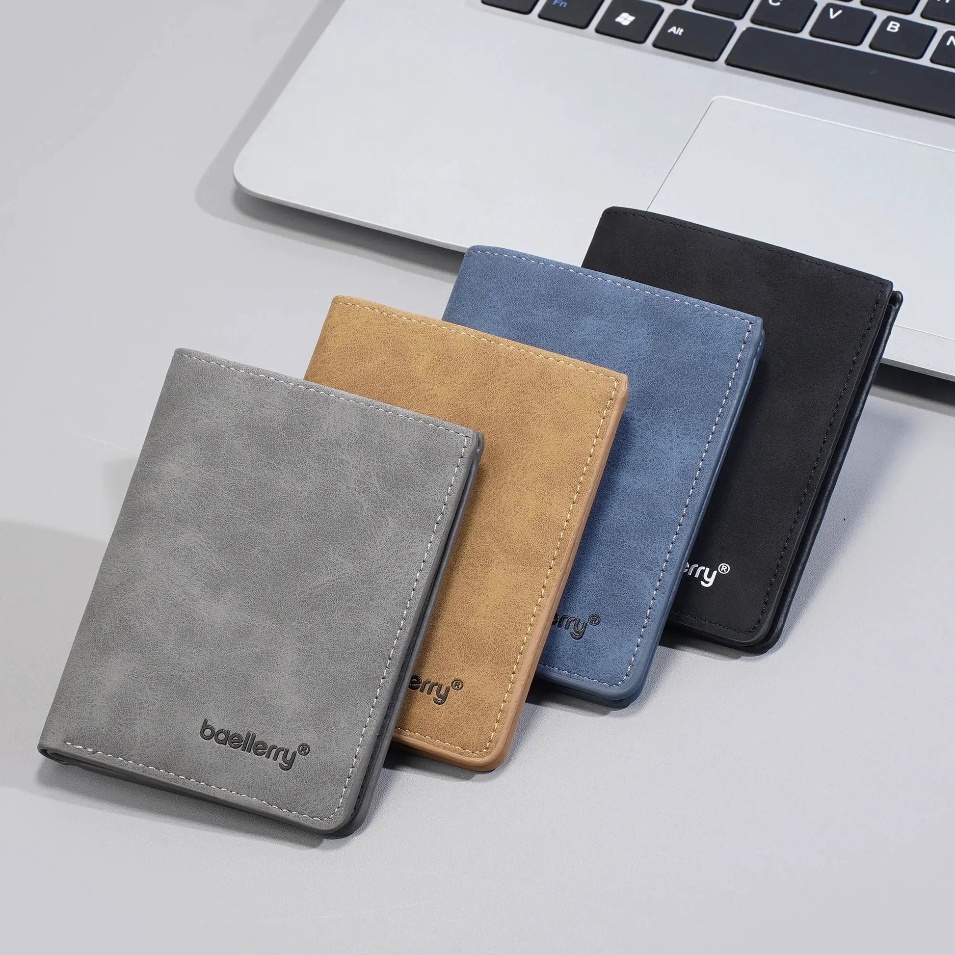 Baellerry men's short RFID anti-theft bi-fold wallet set of six in gray, tan, blue and black