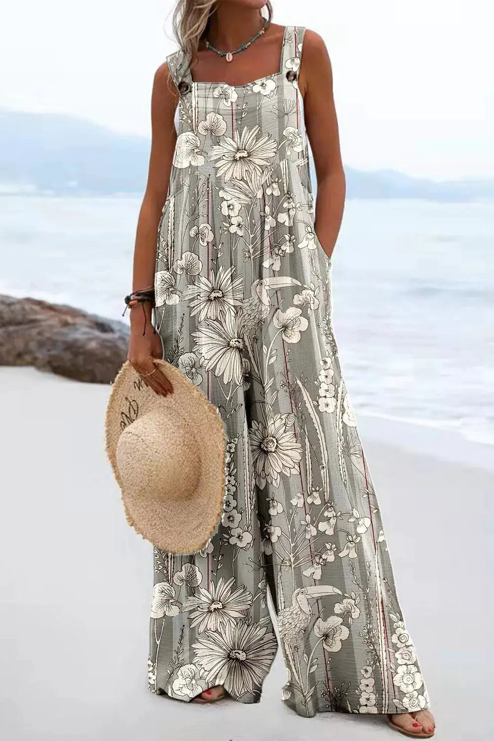 Sleeveless jumpsuit with vintage floral print, buttoned straps and wide-leg silhouette in gray, Simples Market