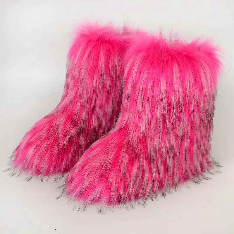 Women's Winter Snow Boots With Plush Faux Fox Fur Mid Calf Warm Platform Shoes For Cold Weather Outdoor
