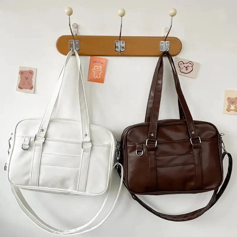 Japanese style JK bag set; white and brown PU leather shoulder handbags with handles and crossbody straps (2 bags)