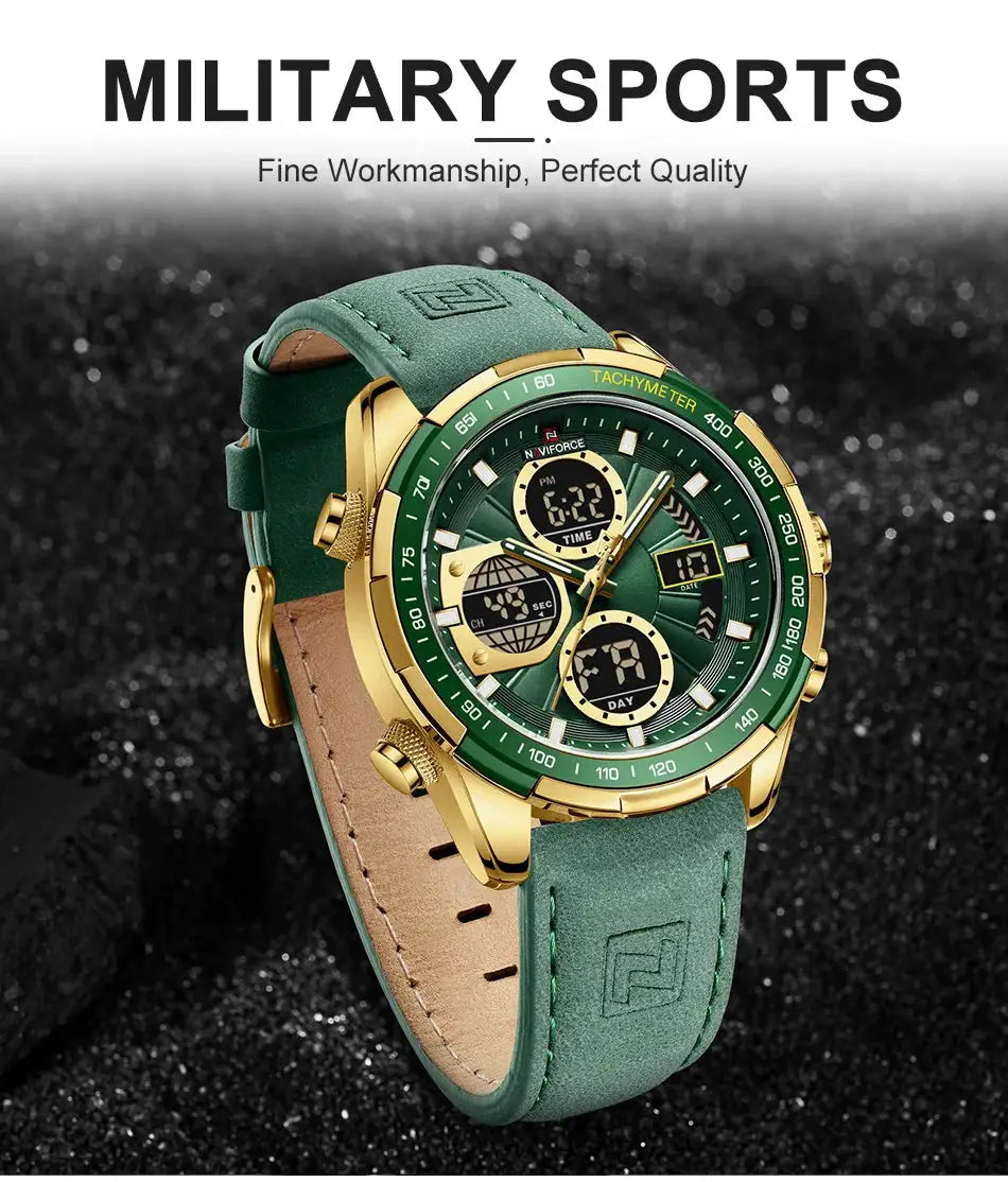 NAVIFORCE men's green and gold leather sport watch with chronograph and waterproof quartz movement