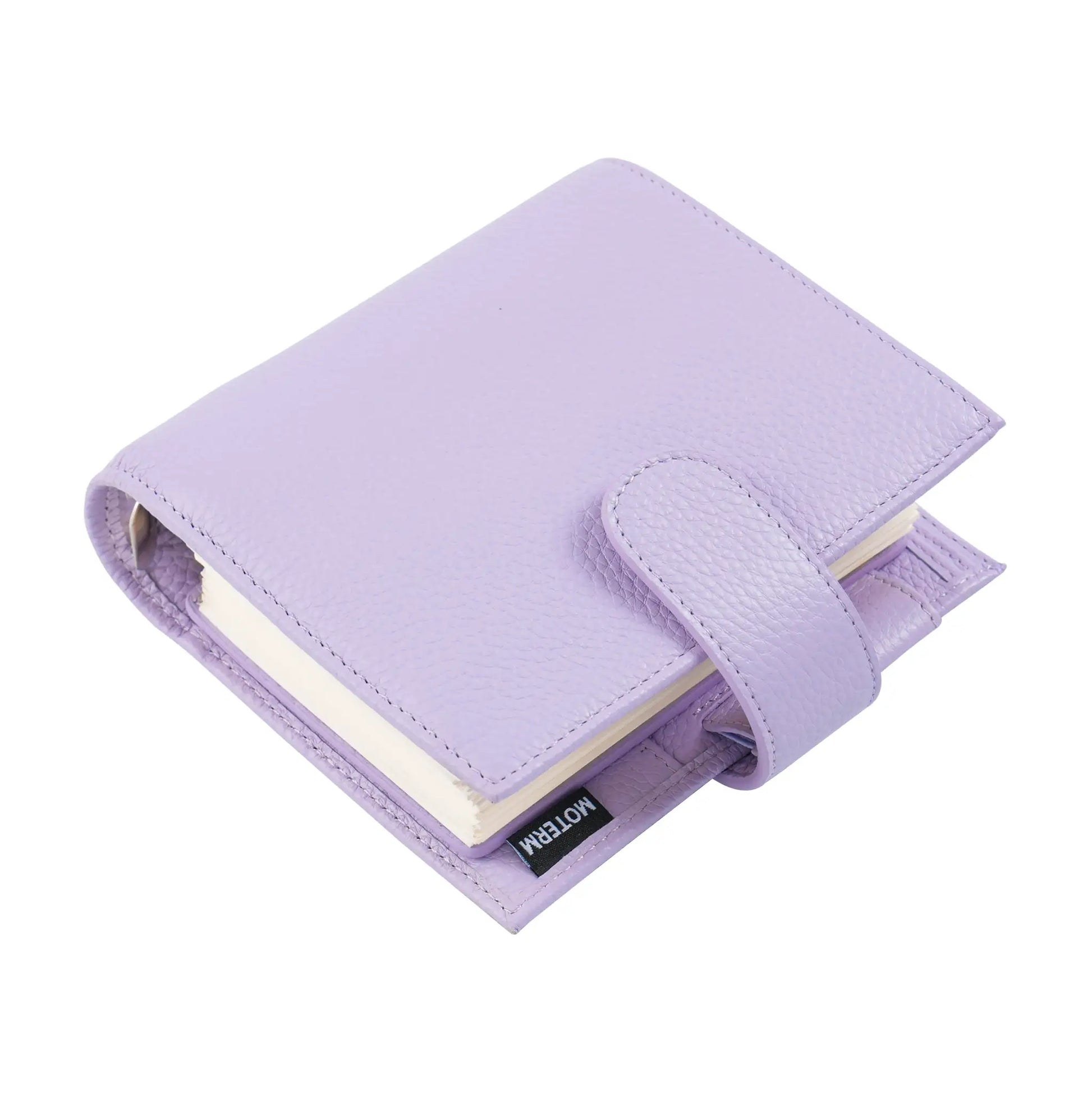 Pocket planner in purple pebbled leather with strap closure